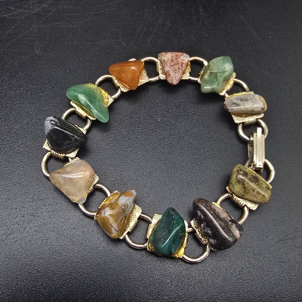 Vintage Mixed Gemstone Bracelet Gold Tone Links 1970s Arts Crafts Jewelry